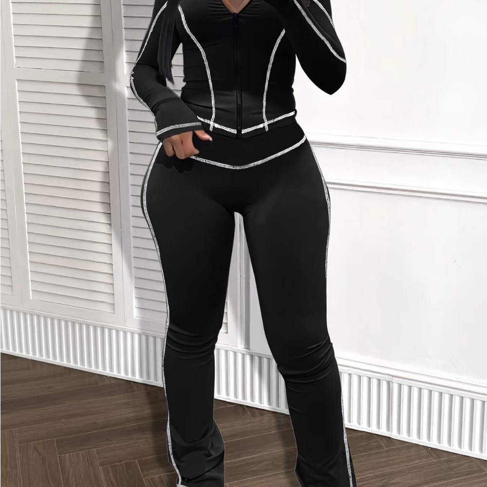 Black Contrast-Trim Slim Track Pants 2 piece set